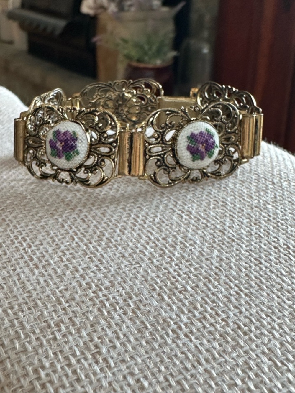 Vintage 1950s Petit Point Filigree Panel Bracelet Gold Tone Victorian Style